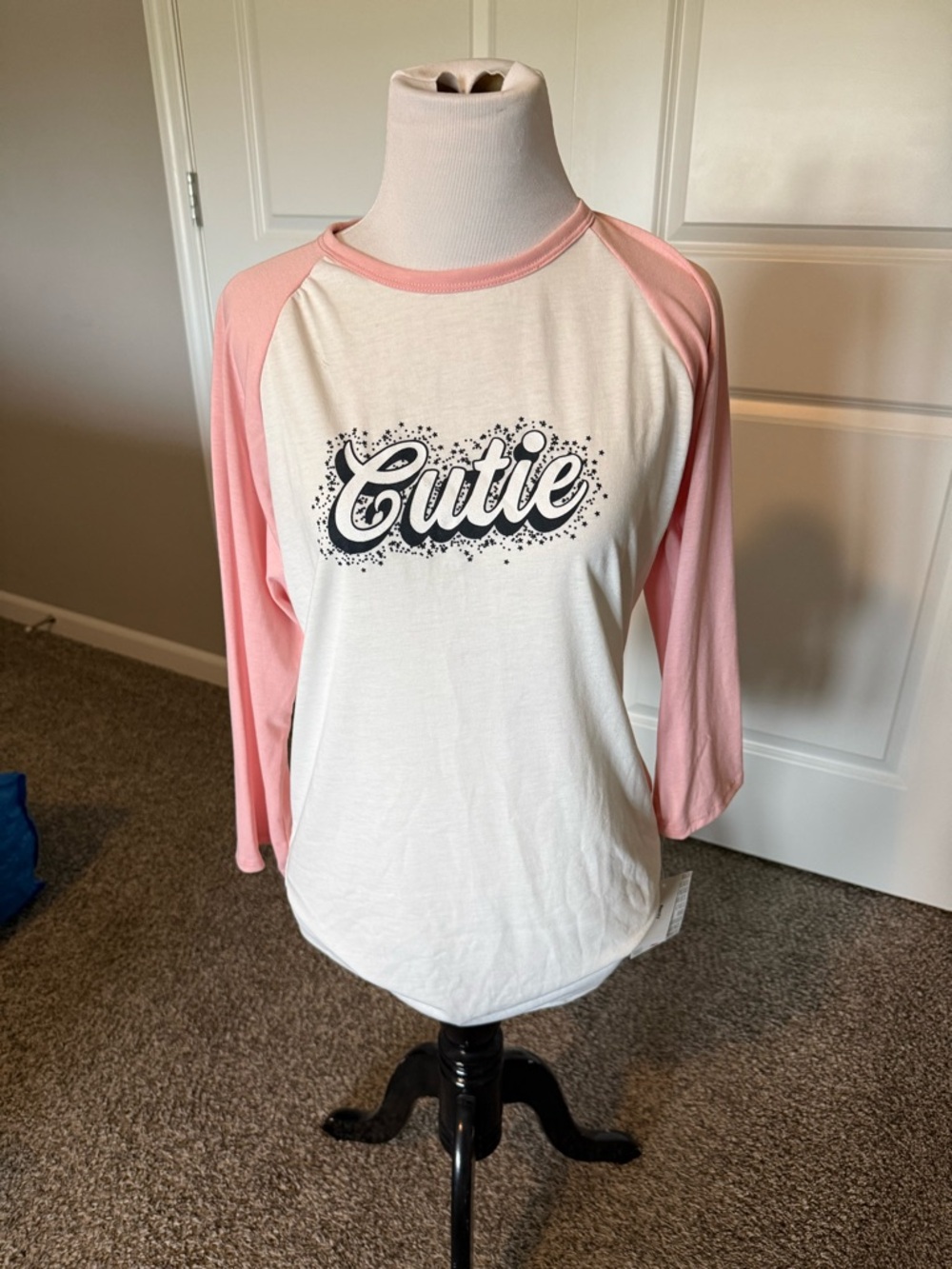LuLaRoe Pink and White 'Cutie' Raglan Long Sleeve Tee